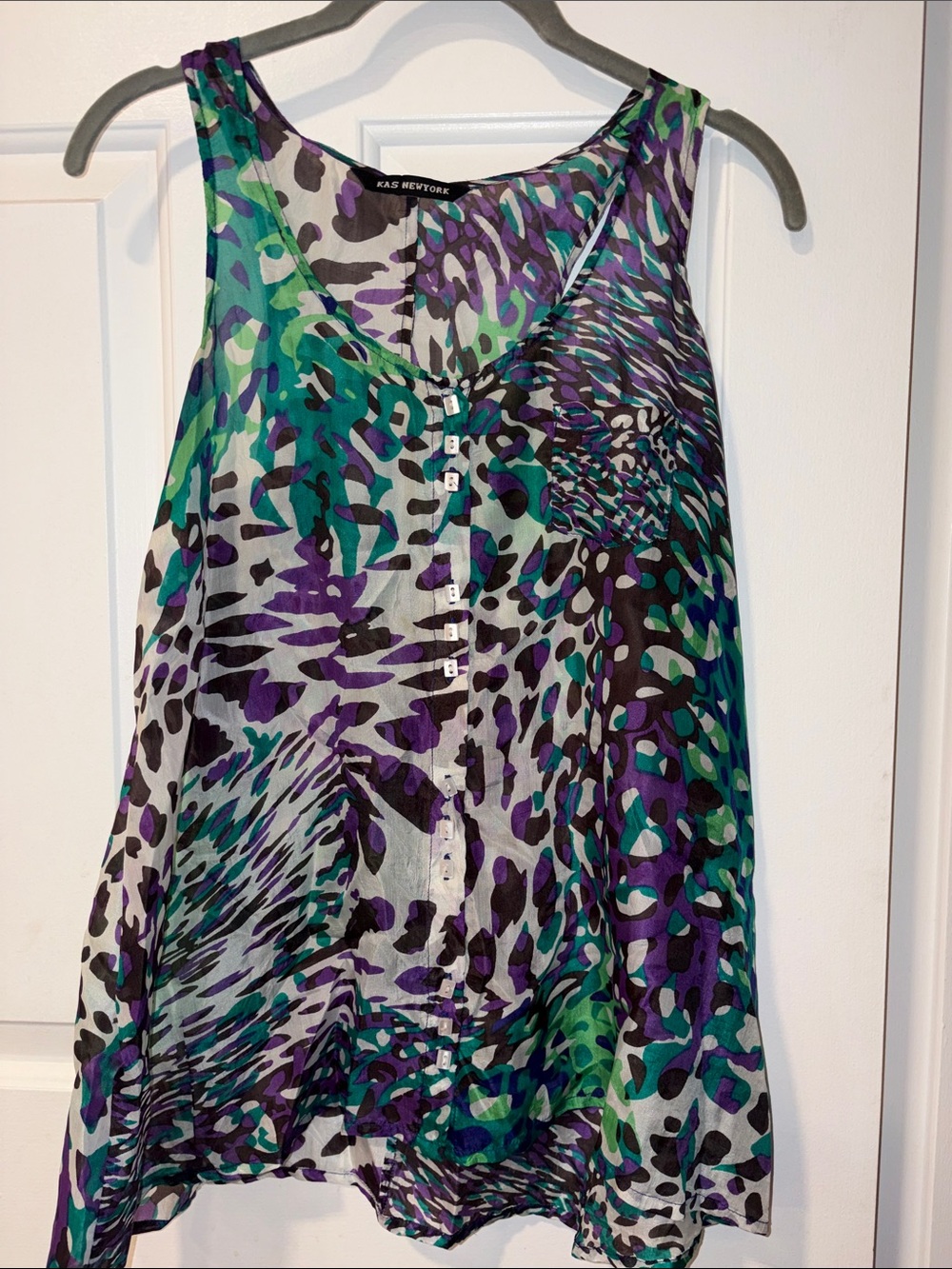 KAS New York Women's 100% silk Green & Purple Printed Sleeveless Top